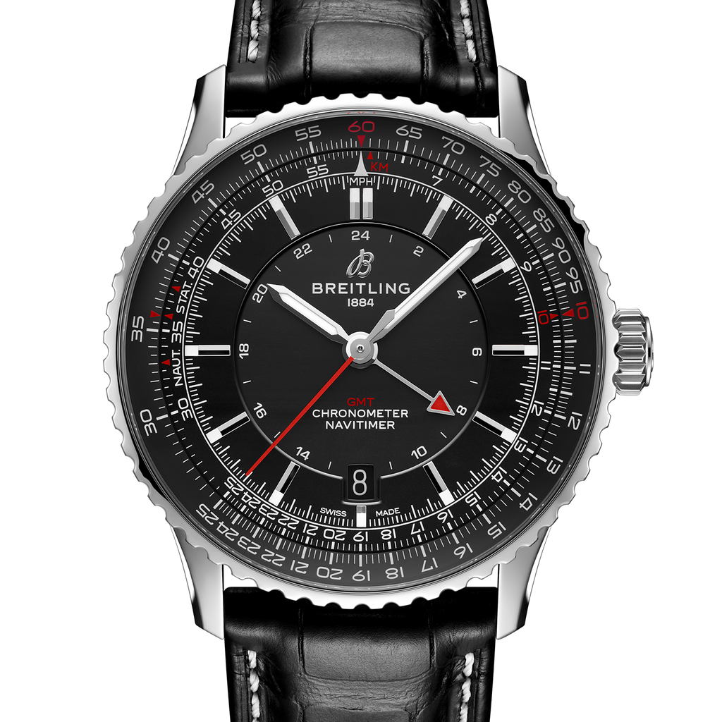 BRT Navitimer Automatic GMT 41 Watch with Black Leather Strap
