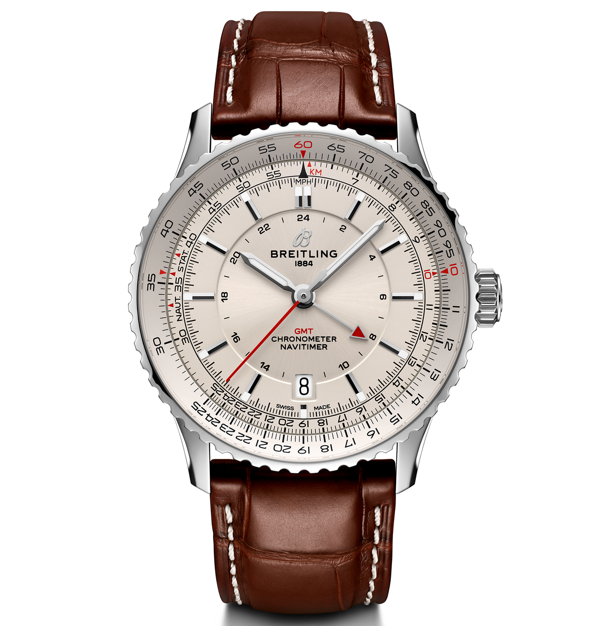 BRT Navitimer Automatic GMT 41 Watch with Brown Leather Strap