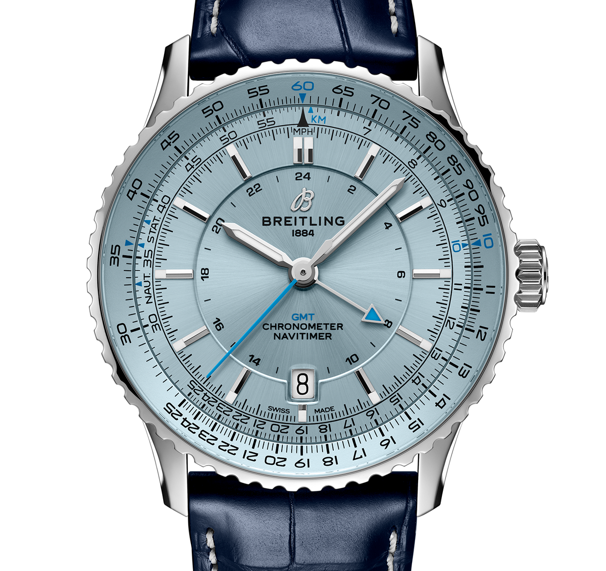 BRT Navitimer Automatic GMT 41 Watch with Navy Leather Strap
