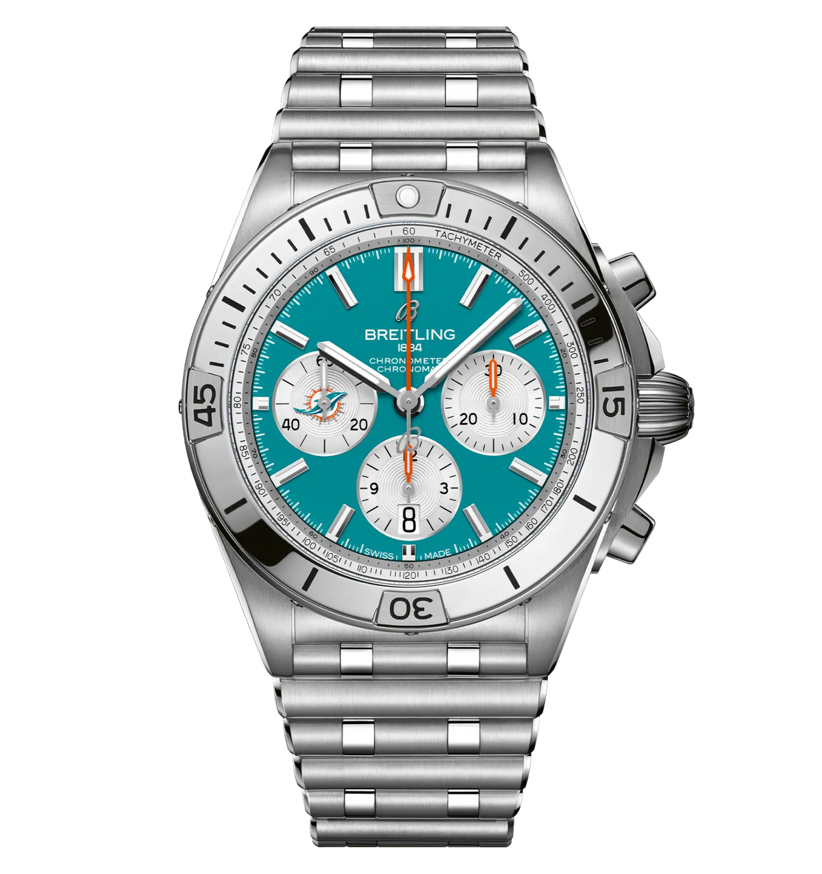 BRT Chronomat B01 42 NFL Miami Dolphins Edition with Stainless Steel Bracelet