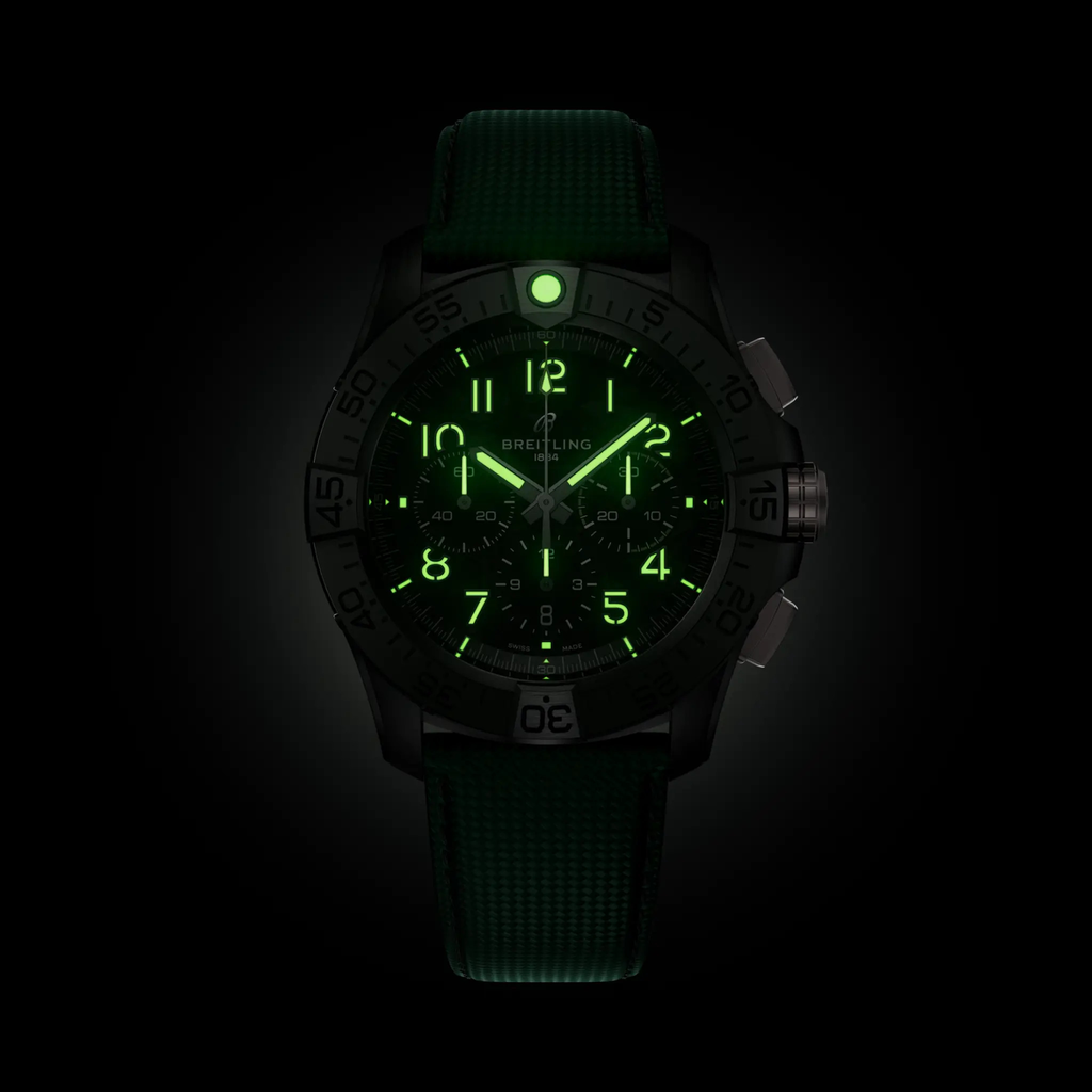 BRT Super Avenger B01 Chronograph 46 Night Mission Watch with Khaki Green Leather Strap