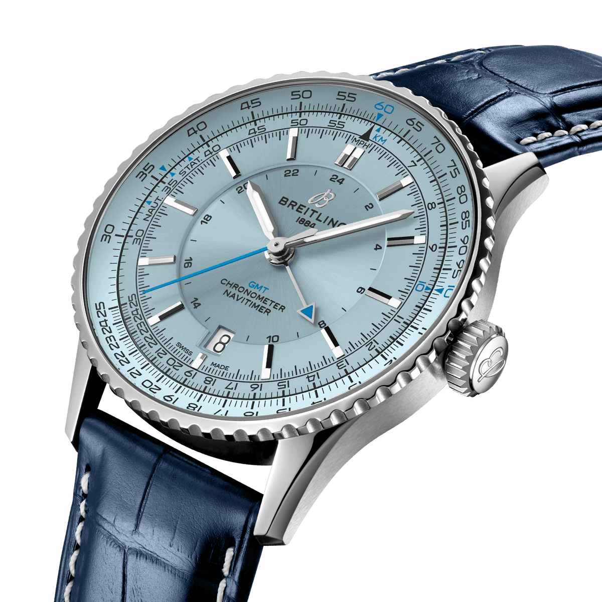 BRT Navitimer Automatic GMT 41 Watch with Navy Leather Strap